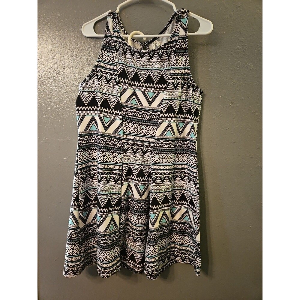 Geometric Print Mini Skater Dress‎ Size XL Blk/white/blue (A36)